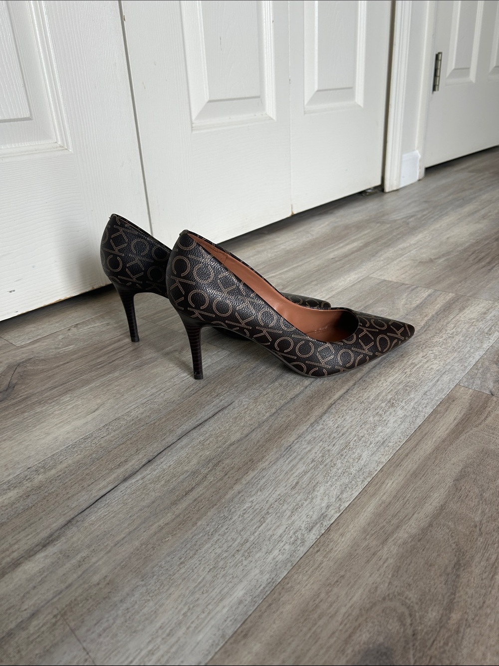 Calvin Klein Brown Monogram Pointed-Toe Stiletto Pumps
